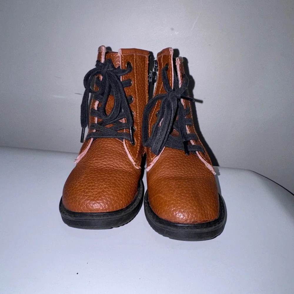Monkey Feet Combat‎ Boots Kids 4-5Y Brown Excellent Leather Side Zip Pebbled 10